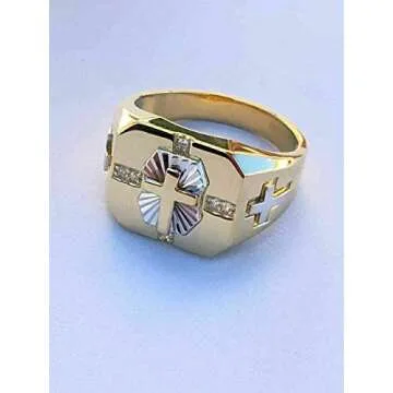 HarlemBling Solid 925 Sterling Silver - Men's Cross Ring W. 14k Gold Finish - Religious Christian Ring For Men - Pinky Or Any Finger Sz 7-13 Icy Diamond Cut (12)