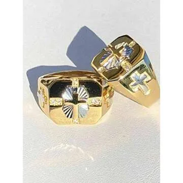 HarlemBling Solid 925 Sterling Silver - Men's Cross Ring W. 14k Gold Finish - Religious Christian Ring For Men - Pinky Or Any Finger Sz 7-13 Icy Diamond Cut (12)
