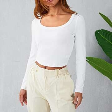 Y2k Skinny Long Sleeve Backless Crop Tops Square Neck Bodycon Shirts Cut Out Pullover Cami Streetwear (You Ribbed-White,Medium)