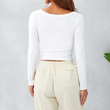 Y2k Skinny Long Sleeve Backless Crop Tops Square Neck Bodycon Shirts Cut Out Pullover Cami Streetwear (You Ribbed-White,Medium)