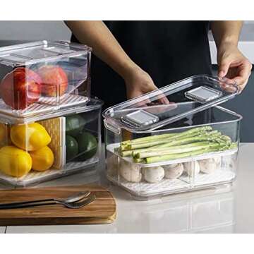 blitzlabs Fridge Storage Containers Bins Fresh Keeper Freezer Bins, Vegetable Fruit Storage Containers Fresh Container Produce Saver Organizer Keeper Bins with Lids Removable Drain Tray