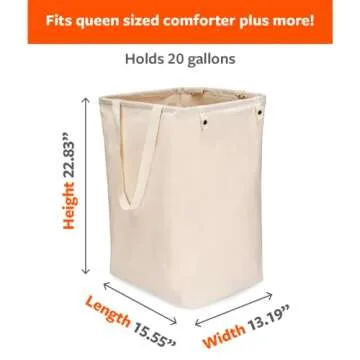 Full Circle Loads of Fun Collapsible Hamper – Laundry Basket for Dirty Clothes & Towels– Tall Standing Organic Cotton Laundry Bag with Long Handles - Ideal for Bathroom, Bedroom or Kids’ Room, Natural Large