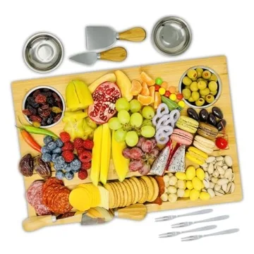 Bamboo Cheese Board with Knives & Bowls - Extra Large Wooden Cutting Board Platter for Wine & Charcuterie