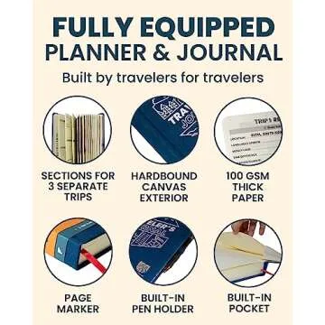 A5 Size Hardcover Travel Journal Notebook and Planner – Traveling Diary & Log Book – Plan and Record 3 Trips – 278 Pages 100gsm Recycled Paper – Trip Itinerary & Planning Gift for Women, Men