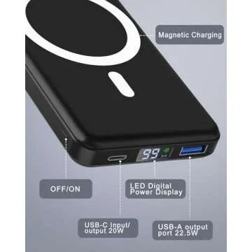 podoru for Magsafe Battery Pack, 10000mAh Magnetic Power Bank with Type-C Cable LED Display 22.5W PD Fast Charging Wireless Portable Charger for iPhone 16/15/14/13/12 Series-Black