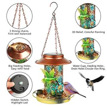 2022 Upgraded Solar Bird Feeder for Outside Hunging,Colorful Painting Metal Waterproof,Wild Bird Feeders,Cardinals Feeders,Lantern Light,Garden Backyard Decoration,Gifts for Bird Lovers