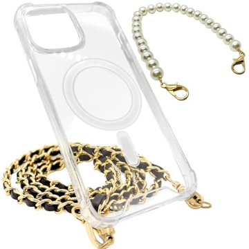 Aporia - MagSafe Clear Case with Gold/Black Crossbody + Pearl Wristlet Strap | Wireless Charging + L...