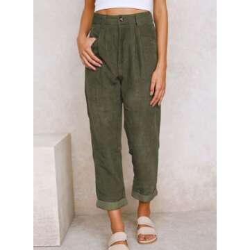 EVALESS Women's Pants Casual High Waisted Straight Leg Corduroy Pants for Women 2024 Trendy Loose Comfy Cropped Trousers Pants with Pockets Fall Fashion Teacher Outfits Green Large
