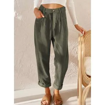 EVALESS Women's Pants Casual High Waisted Straight Leg Corduroy Pants for Women 2024 Trendy Loose Comfy Cropped Trousers Pants with Pockets Fall Fashion Teacher Outfits Green Large