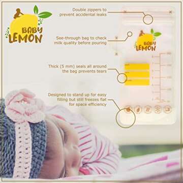 Baby Lemon Breast Milk Storage Bags with Spout - 8 oz, 100 Bags, Extra Thick, Leak Proof, Pre-sterilized, Ready to Use, BPA Free, Easy Write Material