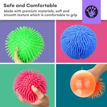 Kicko Puffer Balls - Assorted Colors, Spiky Balls for Kids, Sensory Game, Stress Relief - 5.5'' - 6 Pack