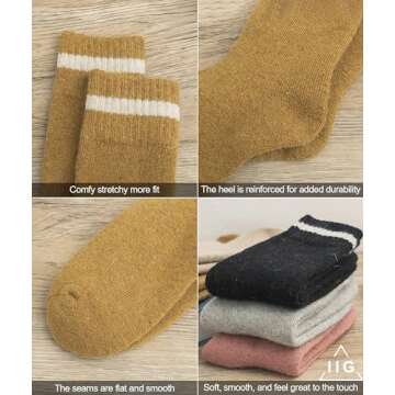 IIG 5 Pairs Women's Vintage Style Thick Wool Warm Winter Crew Socks (Cozy striped 01-5 Pairs)