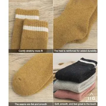 IIG 5 Pairs Women's Vintage Style Thick Wool Warm Winter Crew Socks (Cozy striped 01-5 Pairs)