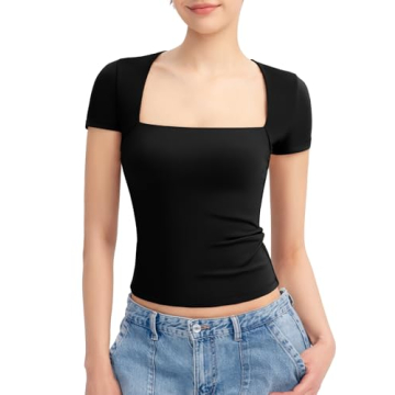 PUMIEY Stylish Square Neck Short Sleeve T-Shirt