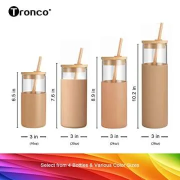 Tronco 24 oz Glass Tumbler with Straw and Lid - Glass Cup with Lid and Straw, Smoothie Cup, Iced Coffee Cup - Bamboo Lid and Protective Silicone Sleeve - BPA-Free