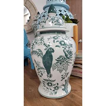 Galt International Veridian Parrot Floral Chinoiserie Ceramic Temple Jar 18" w/Lid - Ginger Jar Home & Kitchen Decor for Interior Design - Veridian Green