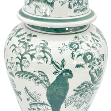 Galt International Veridian Parrot Floral Chinoiserie Ceramic Temple Jar 18" w/Lid - Ginger Jar Home & Kitchen Decor for Interior Design - Veridian Green