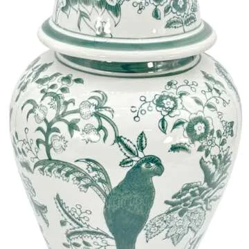 Galt International Veridian Parrot Floral Chinoiserie Ceramic Temple Jar 18" w/Lid - Ginger Jar Home & Kitchen Decor for Interior Design - Veridian Green