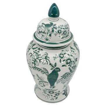 Galt International Veridian Parrot Floral Chinoiserie Ceramic Temple Jar 18" w/Lid - Ginger Jar Home & Kitchen Decor for Interior Design - Veridian Green