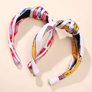 Teacher Headbands for Women, Pencil Apple Printed Wide Knotted Headbands, Teacher Appreciation Gifts, Back To School Hair Accessory Gifts (Style D)