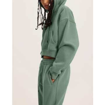 Flygo Womens Fleece 2 Piece Outfits Sweatsuit Crop Pullover Sweatshirt Joggers Pants Tracksuit Set(BeanGreen-M)