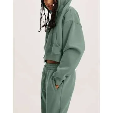 Flygo Womens Fleece 2 Piece Outfits Sweatsuit Crop Pullover Sweatshirt Joggers Pants Tracksuit Set(BeanGreen-M)