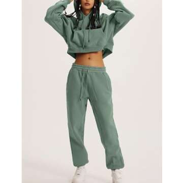 Flygo Womens Fleece 2 Piece Outfits Sweatsuit Crop Pullover Sweatshirt Joggers Pants Tracksuit Set(BeanGreen-M)