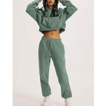 Flygo Womens Fleece 2 Piece Outfits Sweatsuit Crop Pullover Sweatshirt Joggers Pants Tracksuit Set(BeanGreen-M)