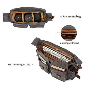 Kattee Leather Canvas Camera Bags for Men Vintage DSLR SLR Messenger Shoulder Bags Dark Gray