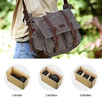 Kattee Leather Canvas Camera Bags for Men Vintage DSLR SLR Messenger Shoulder Bags Dark Gray