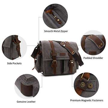 Kattee Leather Canvas Camera Bags for Men Vintage DSLR SLR Messenger Shoulder Bags Dark Gray