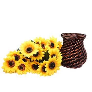 Velener Artificial Silk Sunflower with Rattan Vase Daisy Arrangement, 6 Bunches, 42 Flowers & Stems, Sunflower Bouquet, Handmade Willow, Fake Flowers in Vase for Home Decor, Fall Autumn Decoration