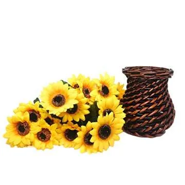 Vibrant Silk Sunflower Bouquet with Rattan Vase for Home