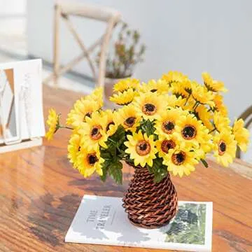 Vibrant Silk Sunflower Bouquet with Rattan Vase for Home