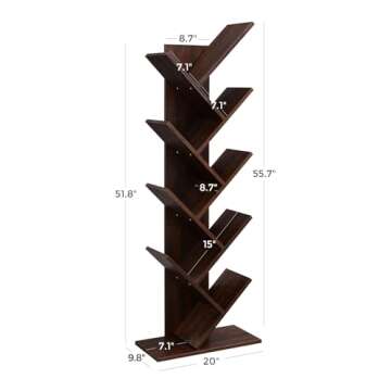 VASAGLE Tree Bookshelf, 9-Tier Bookcase, Large Bookshelf, Space-Saving Corner Shelf, Book Tree, Holds Books, CDs, Games, for Bedroom, Living Room, Home Office, Walnut Color ULBC11BY