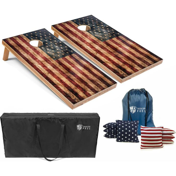 Rustic American Flag Cornhole Boards Set with Bags