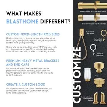 BlastHome® Luxury Curtain Rings – Premium Metal with Quiet, Smooth Nylon Inserts – Pinhooks and Clips Included – 1 1/2" Inside Diameter – 18 Rings for Two Standard Curtains – Brushed Gold
