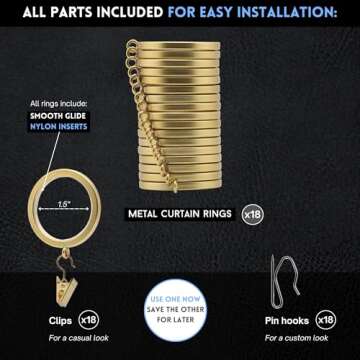 BlastHome® Luxury Curtain Rings – Premium Metal with Quiet, Smooth Nylon Inserts – Pinhooks and Clips Included – 1 1/2" Inside Diameter – 18 Rings for Two Standard Curtains – Brushed Gold