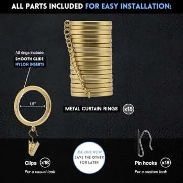 BlastHome® Luxury Curtain Rings – Premium Metal with Quiet, Smooth Nylon Inserts – Pinhooks and Clips Included – 1 1/2" Inside Diameter – 18 Rings for Two Standard Curtains – Brushed Gold