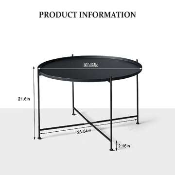 Lisuden Sofa Round Side Table,Tray Metal End Table,Folding Accent Coffee Table,Waterproof and Anti-Rust Outdoor&Indoor Snack Table,(H) 21.65'' x (D) 27.6'',Black (Black)