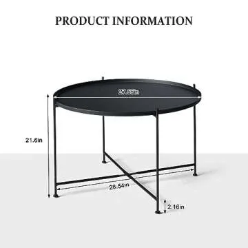 Lisuden Sofa Round Side Table,Tray Metal End Table,Folding Accent Coffee Table,Waterproof and Anti-Rust Outdoor&Indoor Snack Table,(H) 21.65'' x (D) 27.6'',Black (Black)