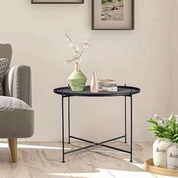 Lisuden Sofa Round Side Table,Tray Metal End Table,Folding Accent Coffee Table,Waterproof and Anti-Rust Outdoor&Indoor Snack Table,(H) 21.65'' x (D) 27.6'',Black (Black)