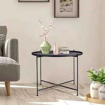 Lisuden Sofa Round Side Table,Tray Metal End Table,Folding Accent Coffee Table,Waterproof and Anti-Rust Outdoor&Indoor Snack Table,(H) 21.65'' x (D) 27.6'',Black (Black)