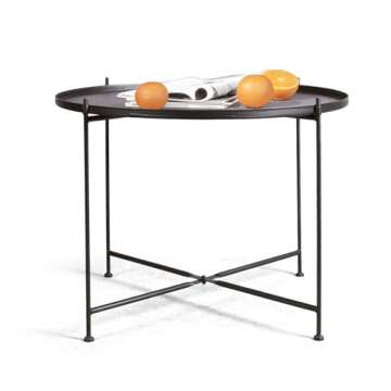 Lisuden Sofa Round Side Table,Tray Metal End Table,Folding Accent Coffee Table,Waterproof and Anti-Rust Outdoor&Indoor Snack Table,(H) 21.65'' x (D) 27.6'',Black (Black)