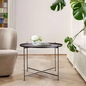 Lisuden Sofa Round Side Table,Tray Metal End Table,Folding Accent Coffee Table,Waterproof and Anti-Rust Outdoor&Indoor Snack Table,(H) 21.65'' x (D) 27.6'',Black (Black)
