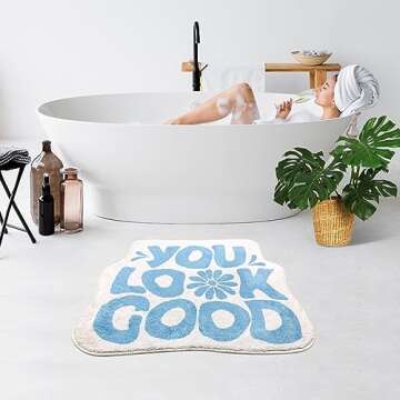SHIYUE You Look Good Bath Mat Cute Funny Flower Bathroom Rug, Soft Absorbent Water Non Slip Rug, Superior Washable Microfiber Cool Shower Preppy Decor Rug (Sky Blue 21"x25")