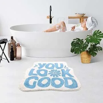 SHIYUE You Look Good Bath Mat Cute Funny Flower Bathroom Rug, Soft Absorbent Water Non Slip Rug, Superior Washable Microfiber Cool Shower Preppy Decor Rug (Sky Blue 21"x25")