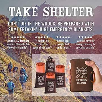 Don't Die In The Woods - Freakin’ Huge Emergency Blankets [4-Pack] Extra-Large Thermal Mylar Space...