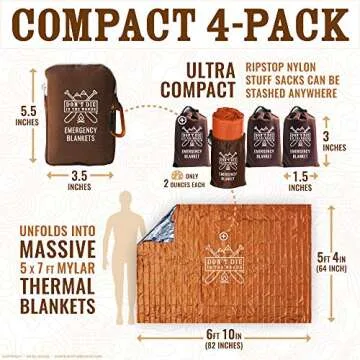 Don't Die In The Woods - Freakin’ Huge Emergency Blankets [4-Pack] Extra-Large Thermal Mylar Space Blankets with Ripstop Nylon Stuff Sacks + Carabiner Zipper Pack [Survival Orange]