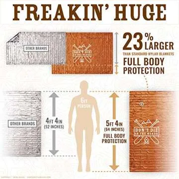 Don't Die In The Woods - Freakin’ Huge Emergency Blankets [4-Pack] Extra-Large Thermal Mylar Space Blankets with Ripstop Nylon Stuff Sacks + Carabiner Zipper Pack [Survival Orange]